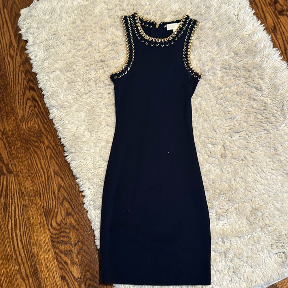 Michael Kors navy dress with gold chain trim